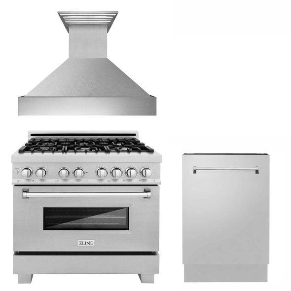 ZLINE 3-Piece Appliance Package - 36-inch Dual Fuel Range, Tall Tub Dishwasher and Premium Wall Mount Hood in Satin Stainless Steel (3KP-RASRH36-DWV)