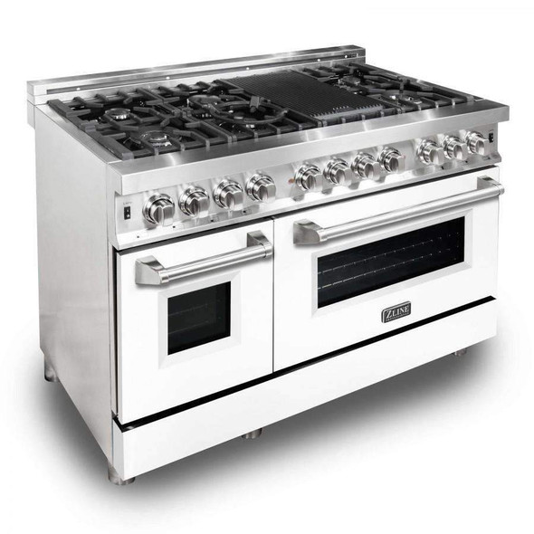 ZLINE 2-Piece Appliance Package - 48-inch Dual Fuel Range with White Matte Door and Convertible Vent Range Hood in Stainless Steel (2KP-RAWMRH48)