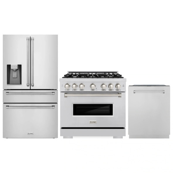 ZLINE 3-Piece Appliance Package - 36-Inch Dual Fuel Range, Refrigerator with Water Dispenser, and Dishwasher in Stainless Steel