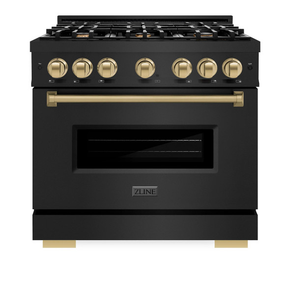 ZLINE 4-Piece Appliance Package - 36-Inch Gas Range, Hood, Refrigerator with Water Dispenser, and Dishwasher in Black Stainless Steel with Champagne Bronze Accents