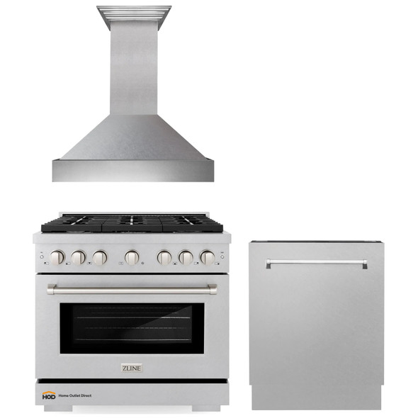 ZLINE 3-Piece Appliance Package - 36-inch Gas Range, Tall Tub Dishwasher & Premium Wall Mount Hood in Satin Stainless Steel (3KP-SGRSRH36-DWV)