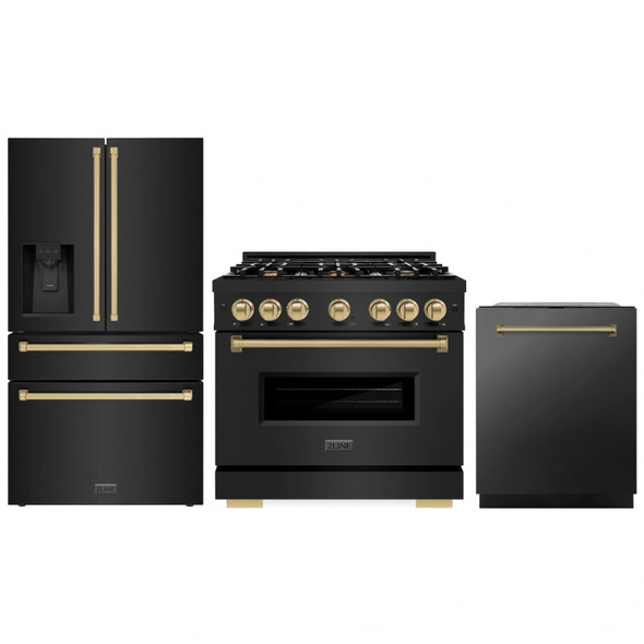 ZLINE 3-Piece Appliance Package - 36-Inch Dual Fuel Range, Refrigerator with Water Dispenser, and Dishwasher in Black Stainless Steel with Champagne Bronze Accents