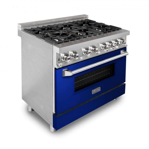 ZLINE 2-Piece Appliance Package - 36-inch Dual Fuel Range with Blue Gloss Door and Convertible Vent Range Hood in Stainless Steel (2KP-RABGRH36)