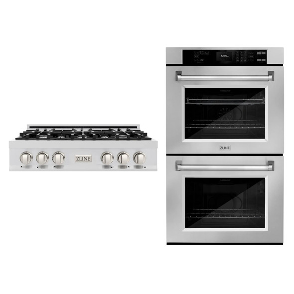 ZLINE 2-Piece Appliance Package - 36-inch Rangetop & 30-inch Double Wall Oven in Stainless Steel (2KP-RTAWD36)