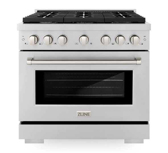 ZLINE 4-Piece Appliance Package - 36-Inch Gas Range, Refrigerator, Convertible Wall Mount Hood, and 3-Rack Dishwasher in Stainless Steel (4KPR-SGRRH36-DWV)