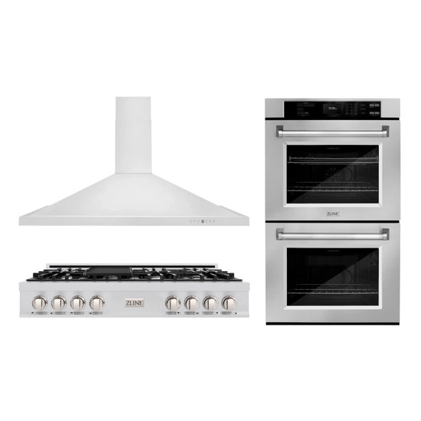 ZLINE 3-Piece Appliance Package - 48-Inch Rangetop, Convertible Range Hood, and Double Wall Oven in Stainless Steel (3KP-RTRH48-AWD)