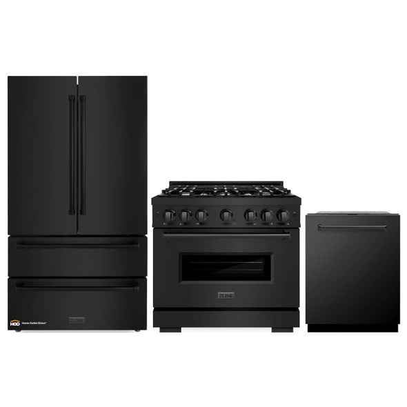 ZLINE 3-Piece Appliance Package - 36-Inch Gas Range, Refrigerator, and Dishwasher in Black Stainless Steel