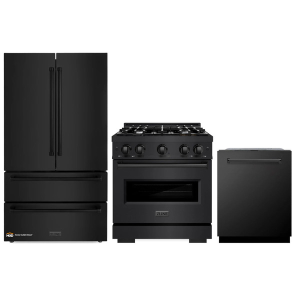 ZLINE 3-Piece Appliance Package - 30-Inch Dual Fuel Range, Refrigerator, and Dishwasher in Black Stainless Steel
