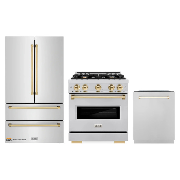 ZLINE 3-Piece Appliance Package - 30-Inch Dual Fuel Range, Refrigerator, and Dishwasher in Stainless Steel with Gold Accents