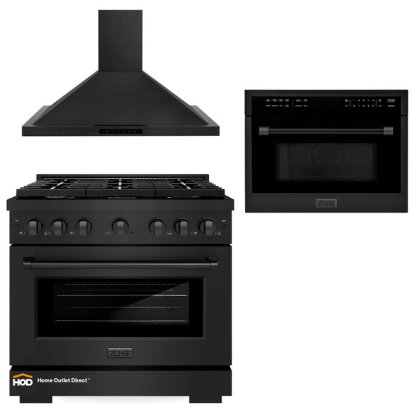 ZLINE 3-Piece Appliance Package - 36-Inch Gas Range, Convertible Wall Mount Hood & Microwave Oven in Black Stainless Steel (3KP-SGRBRHMWO-36)
