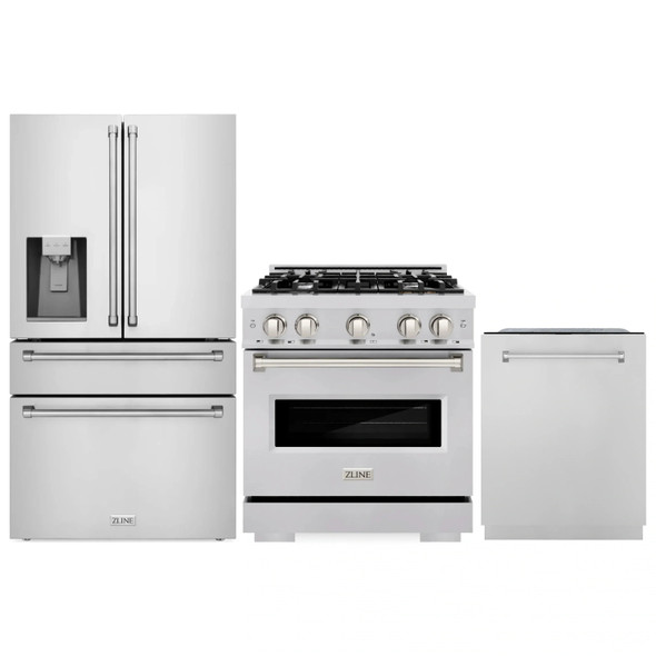 ZLINE 3-Piece Appliance Package - 30-Inch Gas Range, Refrigerator with Water Dispenser, and Dishwasher in Stainless Steel