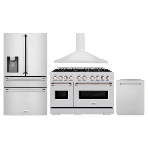 ZLINE 4-Piece Appliance Package - 48-Inch Gas Range, Hood, Refrigerator with Water Dispenser, and Dishwasher in Stainless Steel