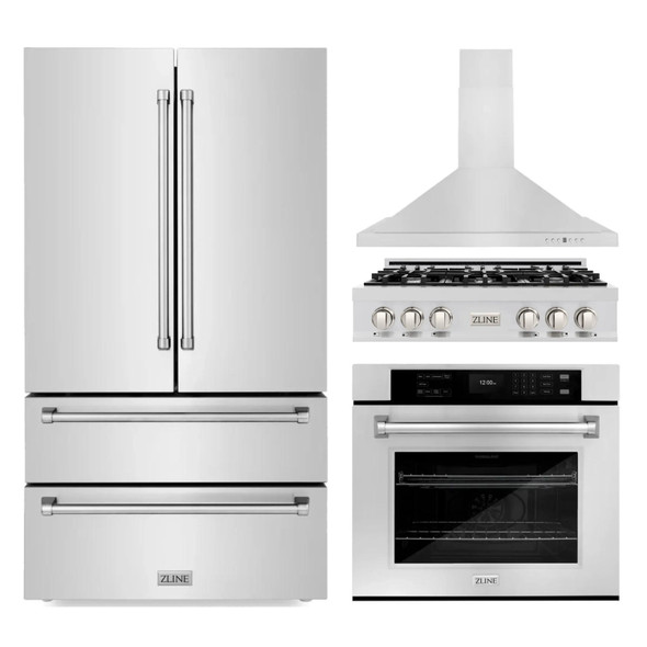 ZLINE 4-Piece Appliance Package - 36-Inch Rangetop, 30” Wall Oven, 36” Refrigerator, and Convertible Wall Mount Hood in Stainless Steel (4KPR-RTRH36-AWS)