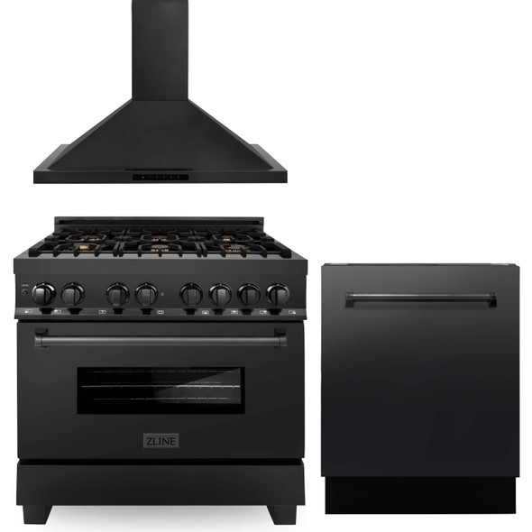 ZLINE 3-Piece Appliance Package - 36-Inch Dual Fuel Range with Brass Burners, Range Hood, 3-Rack Dishwasher in Black Stainless Steel (3KP-RABRH36-DWV)