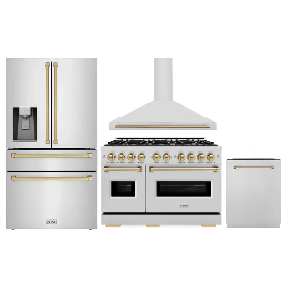 ZLINE 4-Piece Appliance Package - 48-Inch Gas Range, Hood, Refrigerator with Water Dispenser, and Dishwasher in Stainless Steel with Champagne Bronze Accents