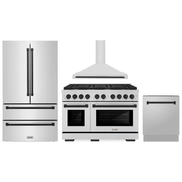 ZLINE 4-Piece Appliance Package - 48-Inch Paramount Autograph Dual Fuel Range, Wall Mount Range Hood, 36-Inch French Door Refrigerator, Dishwasher, in Stainless Steel with Matte Black Accents