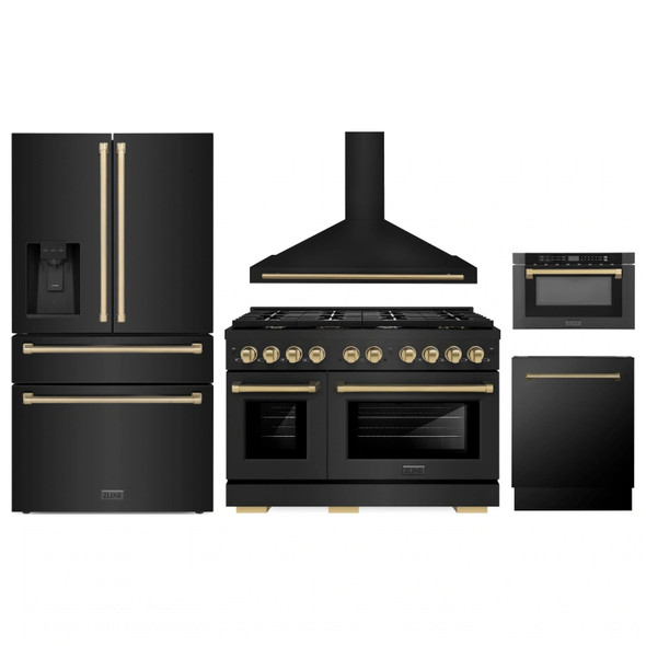 ZLINE 5-Piece Appliance Package - 48-Inch Paramount Gas Range, Wall Mount Range Hood, 36-Inch French Door Refrigerator with Water Dispenser, Dishwasher, and 24-Inch Microwave Drawer in Black Stainless Steel with Champagne Bronze Accents