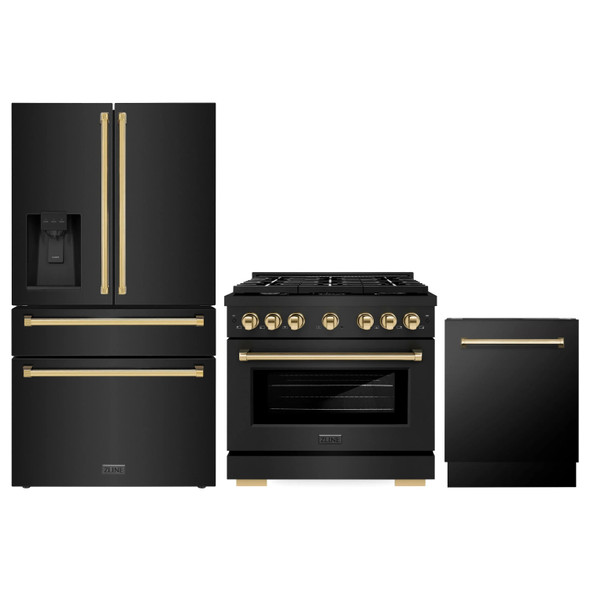 ZLINE 3-Piece Appliance Package - 36-Inch Paramount Dual Fuel Range, 36-Inch French Door Refrigerator with Water Dispenser, Dishwasher, in Black Stainless Steel with Gold Accents