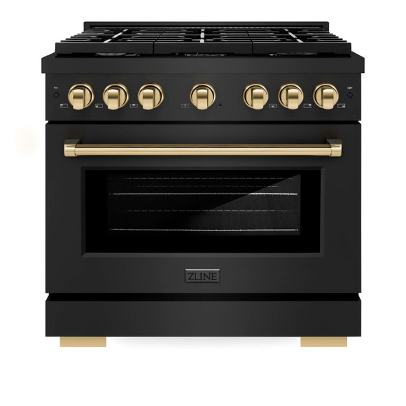 ZLINE 3-Piece Appliance Package - 36-Inch Paramount Dual Fuel Range, 36-Inch French Door Refrigerator with Water Dispenser, Dishwasher, in Black Stainless Steel with Gold Accents
