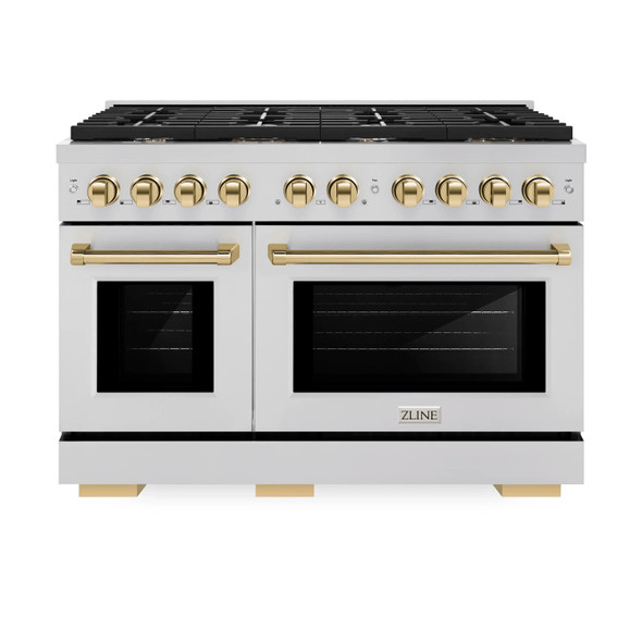 ZLINE 5-Piece Appliance Package - 48-Inch Paramount Dual Fuel Range, Wall Mount Range Hood, 36-Inch French Door Refrigerator with Water Dispenser, Dishwasher, and 30-Inch Microwave Drawer in Stainless Steel with Gold Accents