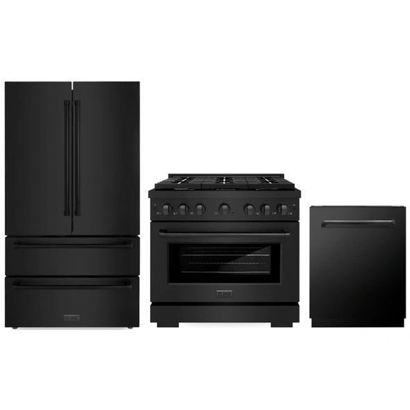 ZLINE 3-Piece Appliance Package - 36-Inch Paramount Gas Range, 36-Inch French Door Refrigerator, Dishwasher, in Black Stainless Steel