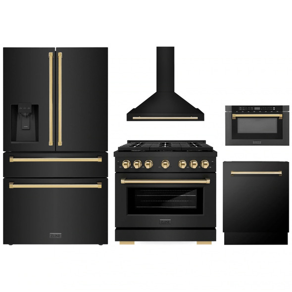 ZLINE 5-Piece Appliance Package - 36-Inch Paramount Gas Range, Wall Mount Range Hood, 36-Inch French Door Refrigerator with Water Dispenser, Dishwasher, and 24-Inch Microwave Drawer in Black Stainless Steel with Gold Accents