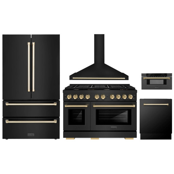 ZLINE 5-Piece Appliance Package - 48-Inch Paramount Dual Fuel Range, Wall Mount Range Hood, 36-Inch French Door Refrigerator, Dishwasher, and 30-Inch Microwave Drawer in Black Stainless Steel with Gold Accents