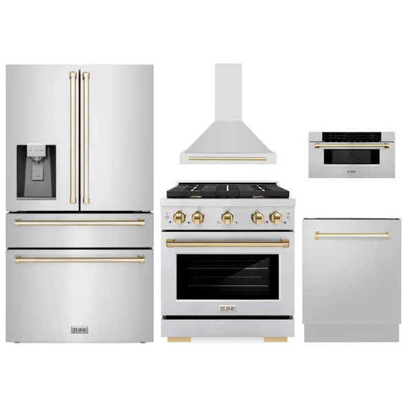 ZLINE 5-Piece Appliance Package - 30-Inch Paramount Autograph Gas Range, Wall Mount Range Hood, 36-Inch French Door Refrigerator with Water Dispenser, Dishwasher, and 30-Inch Microwave Drawer in Stainless Steel with Gold Accents
