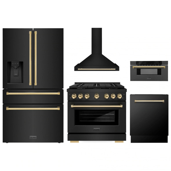 ZLINE 5-Piece Appliance Package - 36-Inch Paramount Gas Range, Wall Mount Range Hood, 36-Inch French Door Refrigerator with Water Dispenser, Dishwasher, and 30-Inch Microwave Drawer in Black Stainless Steel with Gold Accents