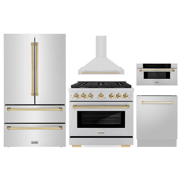 ZLINE 5-Piece Appliance Package - 36-Inch Paramount Dual Fuel Range, Wall Mount Range Hood, 36-Inch French Door Refrigerator, Dishwasher, and 30-Inch Microwave Drawer in Stainless Steel with Gold Accents