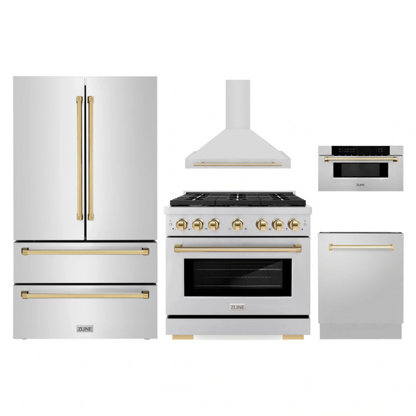 ZLINE 5-Piece Appliance Package - 36-Inch Paramount Autograph Gas Range, Wall Mount Range Hood, 36-Inch French Door Refrigerator, Dishwasher, and 30-Inch Microwave Drawer in Stainless Steel with Gold Accents