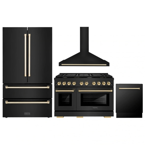 ZLINE 4-Piece Appliance Package - 48-Inch Paramount Gas Range, Wall Mount Range Hood, 36-Inch French Door Refrigerator, Dishwasher, in Black Stainless Steel with Gold Accents