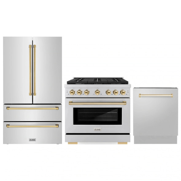 ZLINE 3-Piece Appliance Package - 36-Inch Paramount Autograph Gas Range, 36-Inch French Door Refrigerator, Dishwasher, in Stainless Steel with Gold Accents
