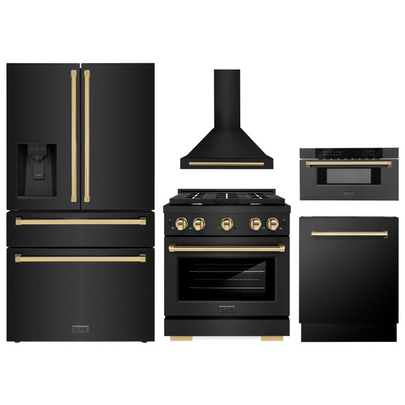 ZLINE 5-Piece Appliance Package - 30-Inch Paramount Dual Fuel Range, Wall Mount Range Hood, 36-Inch French Door Refrigerator with Water Dispenser, Dishwasher, and 30-Inch Microwave Drawer in Black Stainless Steel with Gold Accents