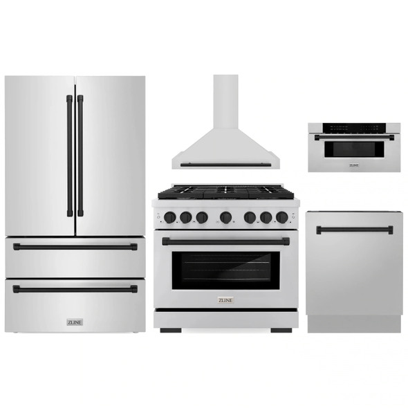 ZLINE 5-Piece Appliance Package - 36-Inch Paramount Dual Fuel Range, Wall Mount Range Hood, 36-Inch French Door Refrigerator, Dishwasher, and 30-Inch Microwave Drawer in Stainless Steel with Matte Black Accents