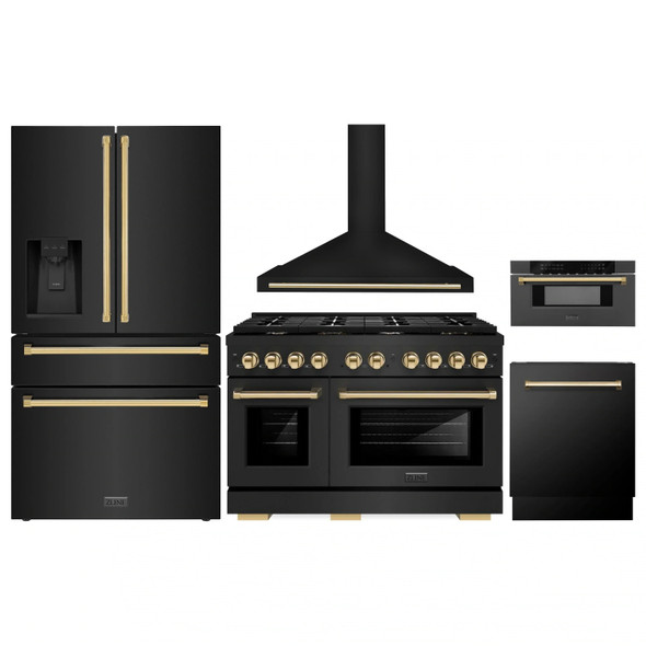 ZLINE 5-Piece Appliance Package - 48-Inch Paramount Gas Range, Wall Mount Range Hood, 36-Inch French Door Refrigerator with Water Dispenser, Dishwasher, and 30-Inch Microwave Drawer in Black Stainless Steel with Gold Accents