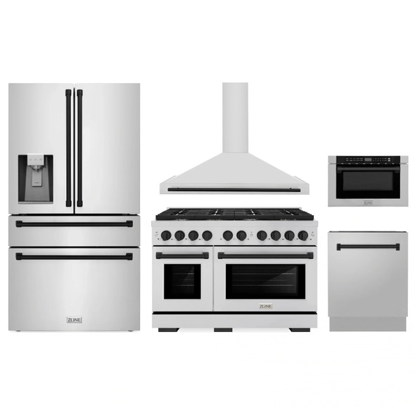 ZLINE 5-Piece Appliance Package - 48-Inch Paramount Autograph Gas Range, Wall Mount Range Hood, 36-Inch French Door Refrigerator with Water Dispenser, Dishwasher, and 24-Inch Microwave Drawer in Stainless Steel with Matte Black Accents