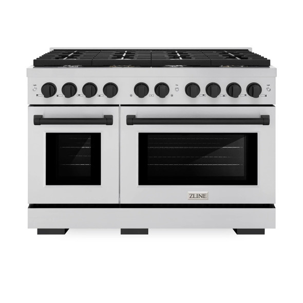 ZLINE 5-Piece Appliance Package - 48-Inch Paramount Autograph Gas Range, Wall Mount Range Hood, 36-Inch French Door Refrigerator with Water Dispenser, Dishwasher, and 24-Inch Microwave Drawer in Stainless Steel with Matte Black Accents