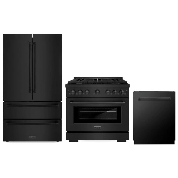 ZLINE 3-Piece Appliance Package - 36-Inch Paramount Dual Fuel Range, 36-Inch French Door Refrigerator, Dishwasher, in Black Stainless Steel