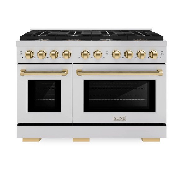ZLINE 4-Piece Appliance Package - 48-Inch Paramount Autograph Gas Range, Wall Mount Range Hood, 36-Inch French Door Refrigerator with Water Dispenser, Dishwasher, in Stainless Steel with Gold Accents