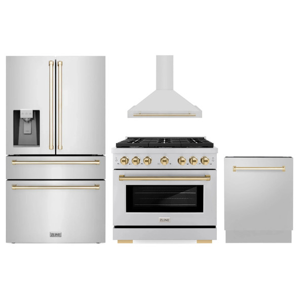 ZLINE 4-Piece Appliance Package - 36-Inch Paramount Autograph Dual Fuel Range, Wall Mount Range Hood, 36-Inch French Door Refrigerator with Water Dispenser, Dishwasher, in Stainless Steel with Gold Accents