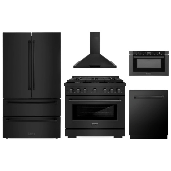 ZLINE 5-Piece Appliance Package - 36-Inch Paramount Gas Range, Wall Mount Range Hood, 36-Inch French Door Refrigerator, Dishwasher, and 24-Inch Microwave Drawer in Black Stainless Steel