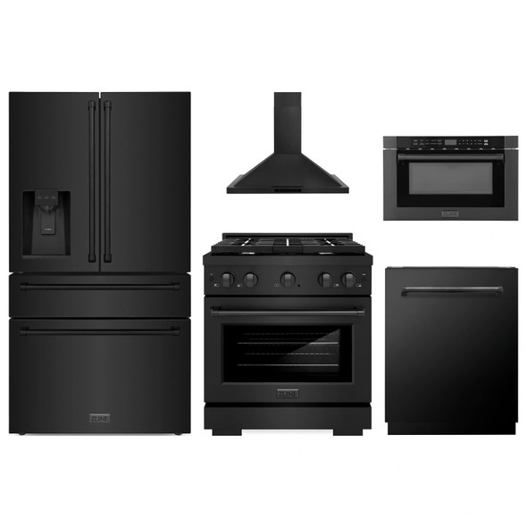 ZLINE 5-Piece Appliance Package - 30-Inch Paramount Gas Range, Wall Mount Range Hood, 36-Inch French Door Refrigerator with Water Dispenser, Dishwasher, and 24-Inch Microwave Drawer in Black Stainless Steel