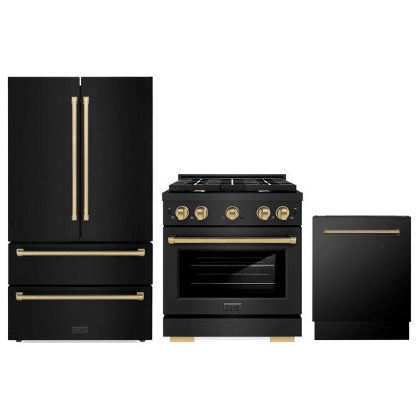 ZLINE 3-Piece Appliance Package - 30-Inch Paramount Dual Fuel Range, 36-Inch French Door Refrigerator, Dishwasher, in Black Stainless Steel with Champagne Bronze Accents