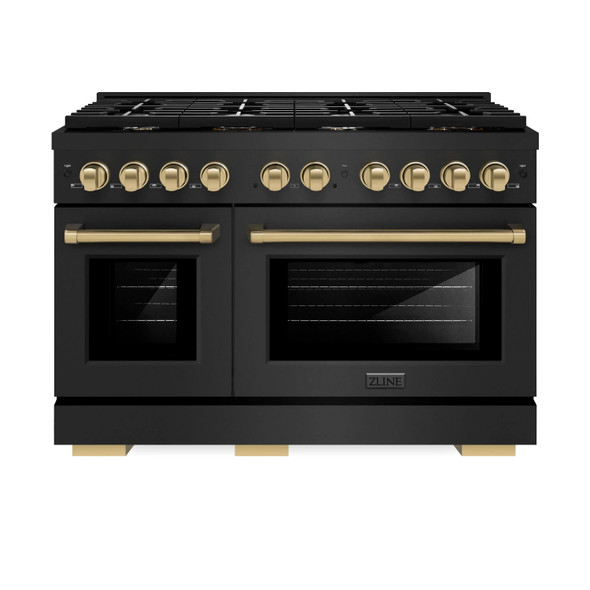 ZLINE 5-Piece Appliance Package - 48-Inch Paramount Gas Range, Wall Mount Range Hood, 36-Inch French Door Refrigerator with Water Dispenser, Dishwasher, and 30-Inch Microwave Drawer in Black Stainless Steel with Champagne Bronze Accents