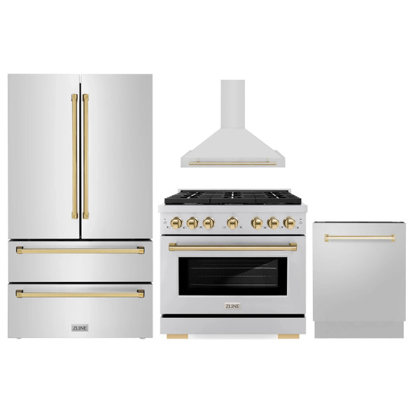 ZLINE 4-Piece Appliance Package - 36-Inch Paramount Autograph Dual Fuel Range, Wall Mount Range Hood, 36-Inch French Door Refrigerator, Dishwasher, in Stainless Steel with Gold Accents