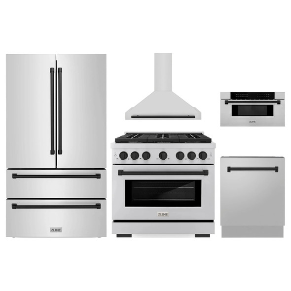 ZLINE 5-Piece Appliance Package - 36-Inch Paramount Autograph Gas Range, Wall Mount Range Hood, 36-Inch French Door Refrigerator, Dishwasher, and 30-Inch Microwave Drawer in Stainless Steel with Matte Black Accents