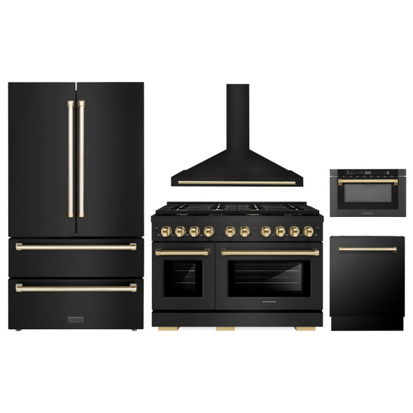 ZLINE 5-Piece Appliance Package - 48-Inch Paramount Dual Fuel Range, Wall Mount Range Hood, 36-Inch French Door Refrigerator, Dishwasher, and 24-Inch Microwave Drawer in Black Stainless Steel with Gold Accents