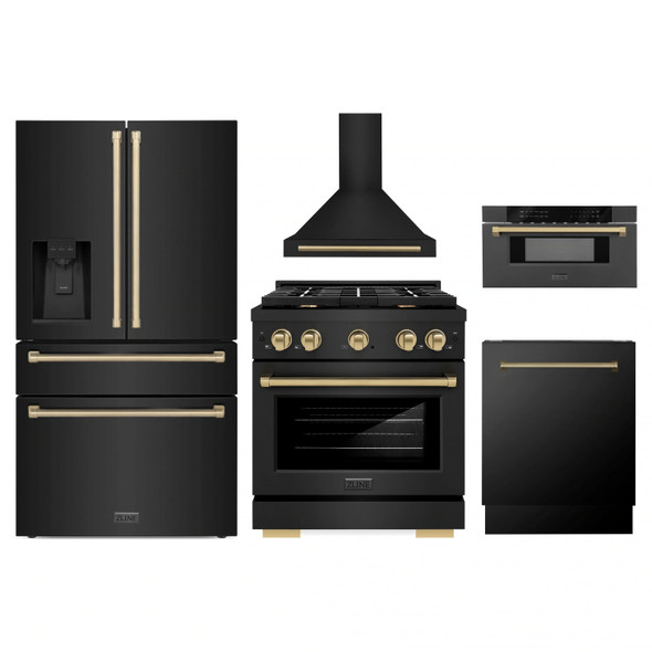 ZLINE 5-Piece Appliance Package - 30-Inch Paramount Gas Range, Wall Mount Range Hood, 36-Inch French Door Refrigerator with Water Dispenser, Dishwasher, and 30-Inch Microwave Drawer in Black Stainless Steel with Champagne Bronze Accents