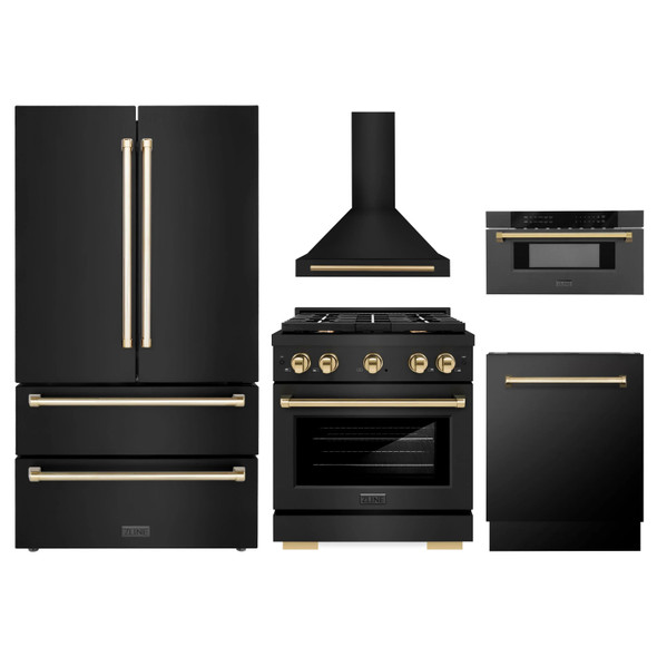 ZLINE 5-Piece Appliance Package - 30-Inch Paramount Dual Fuel Range, Wall Mount Range Hood, 36-Inch French Door Refrigerator, Dishwasher, and 30-Inch Microwave Drawer in Black Stainless Steel with Gold Accents